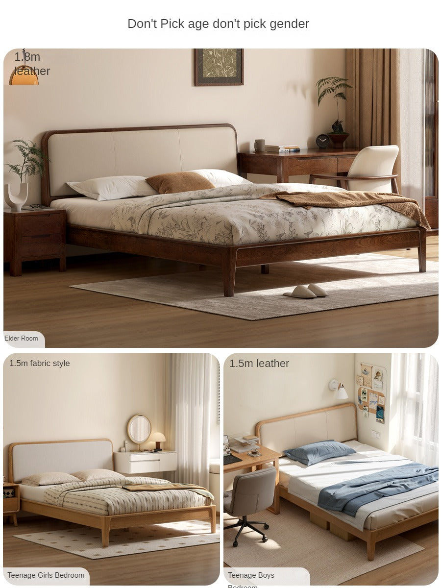 Oak Solid Wood Bed Modern Genuine Leather,Technology Cloth, Fabric