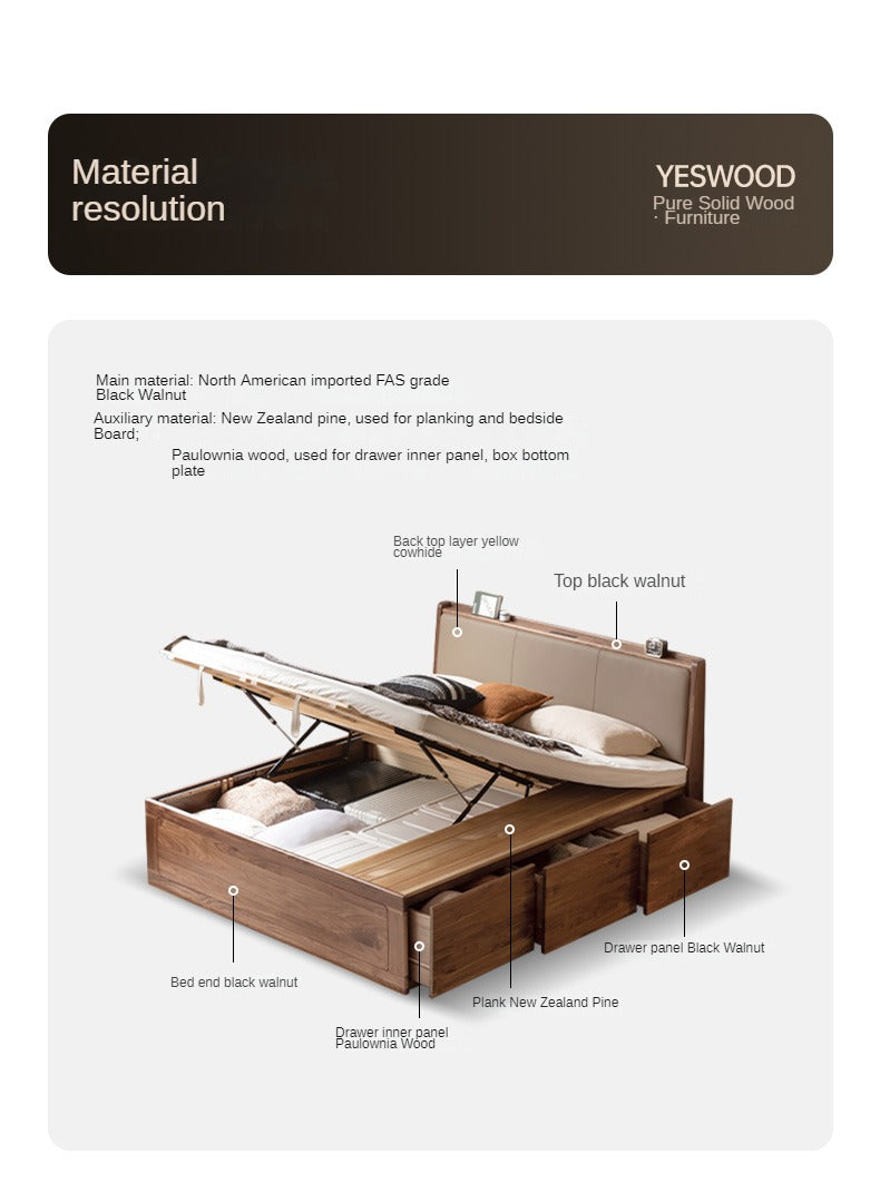 Black Walnut Solid Wood Leather Soft Drawer Box Bed Nordic