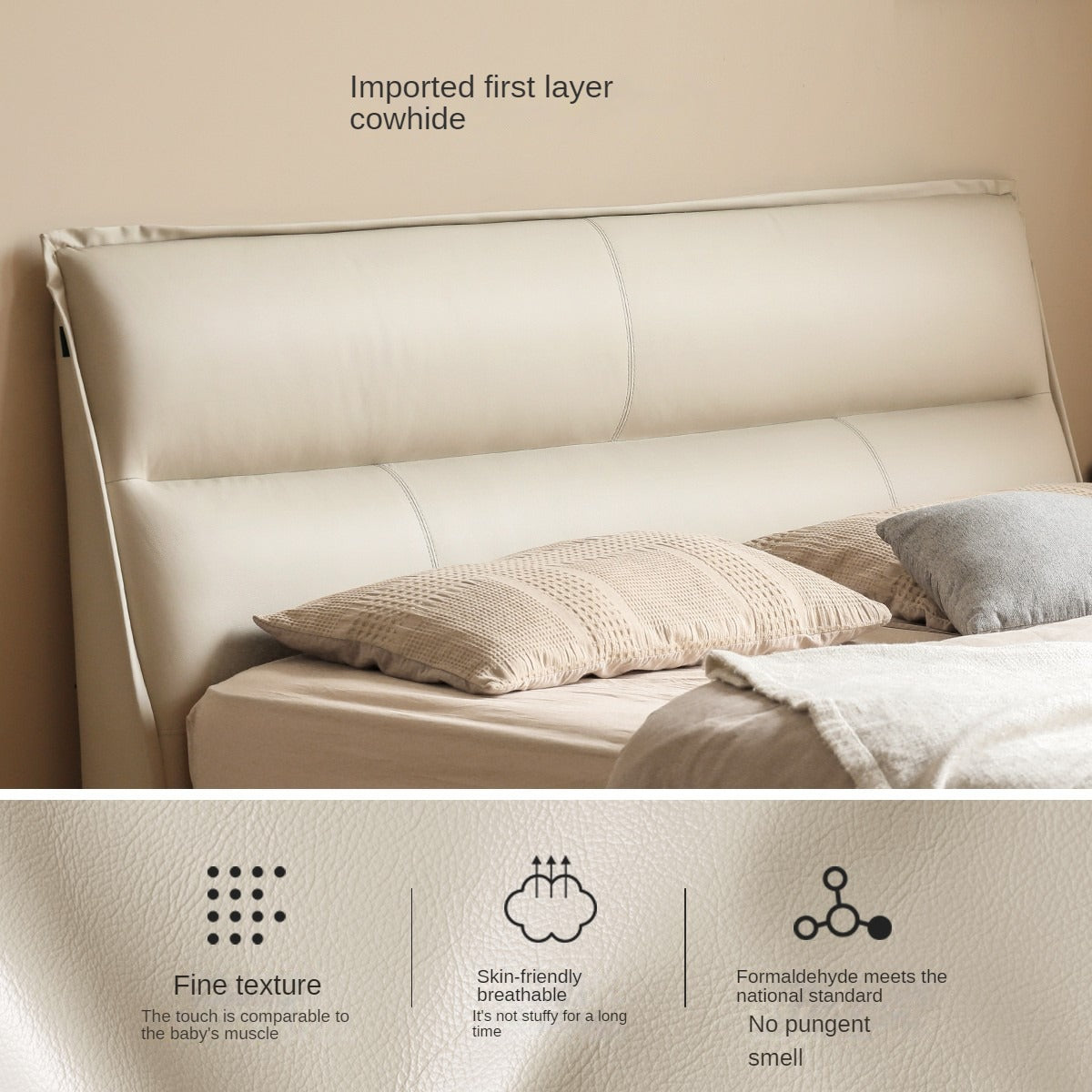 Genuine Leather Bed Cream First Layer Cowhide High Backrest Bed
