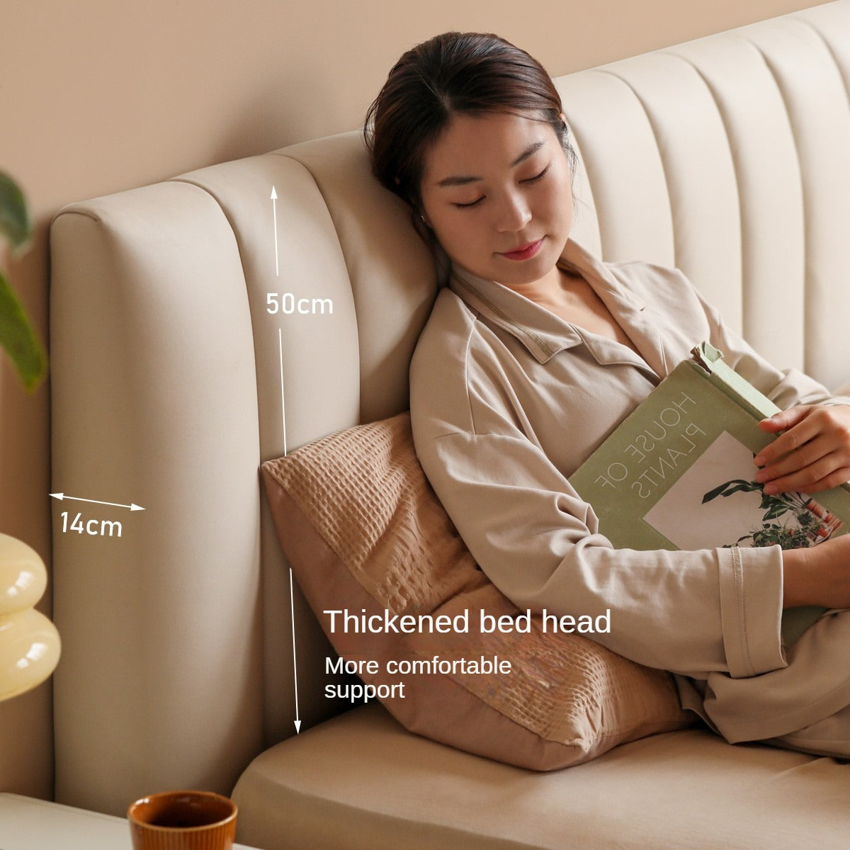 Oak, Rubber Wood Solid Wood Cream Technical Fabric Suspended Box Storage Bed