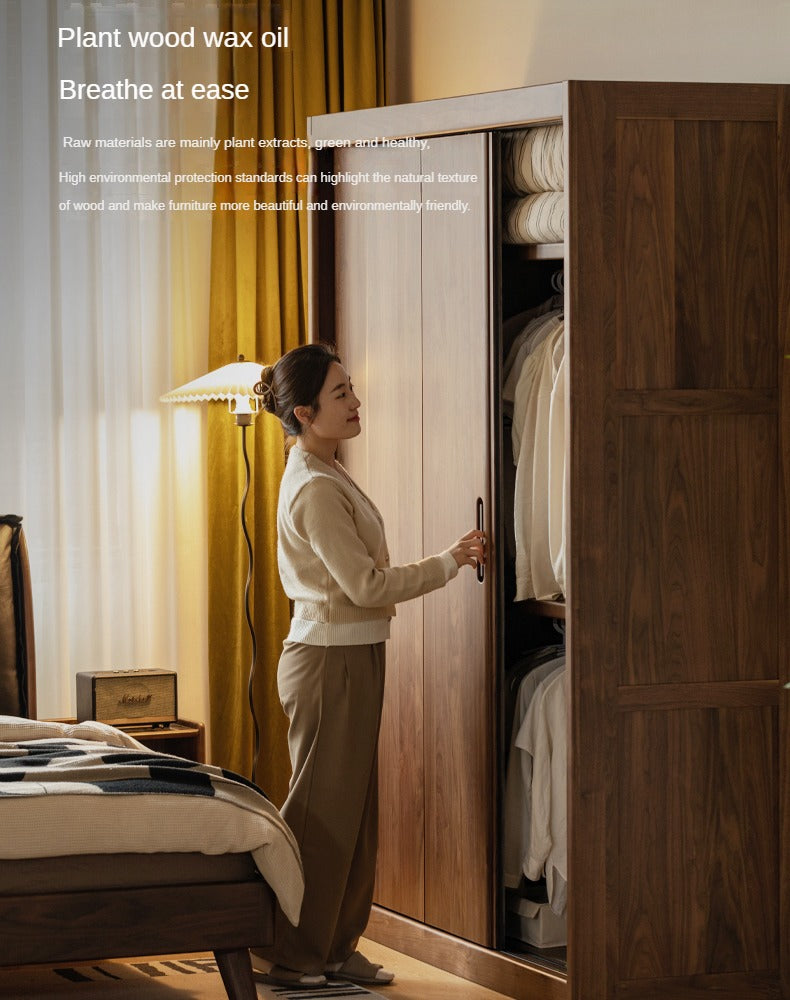Black Walnut, Golden Sandalwood Solid Wood Wardrobe Sliding Door.