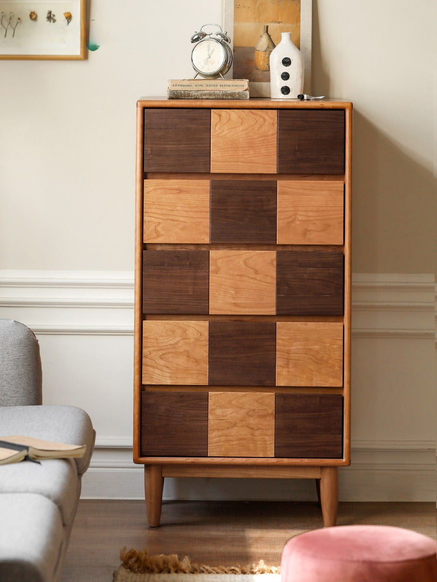 Cherry Solid Wood Retro Chest of Drawers Checkerboard