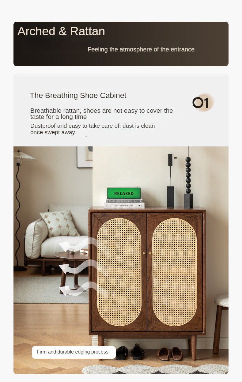 Oak Solid Wood Rattan Wall-Mounted Shoe Cabinet