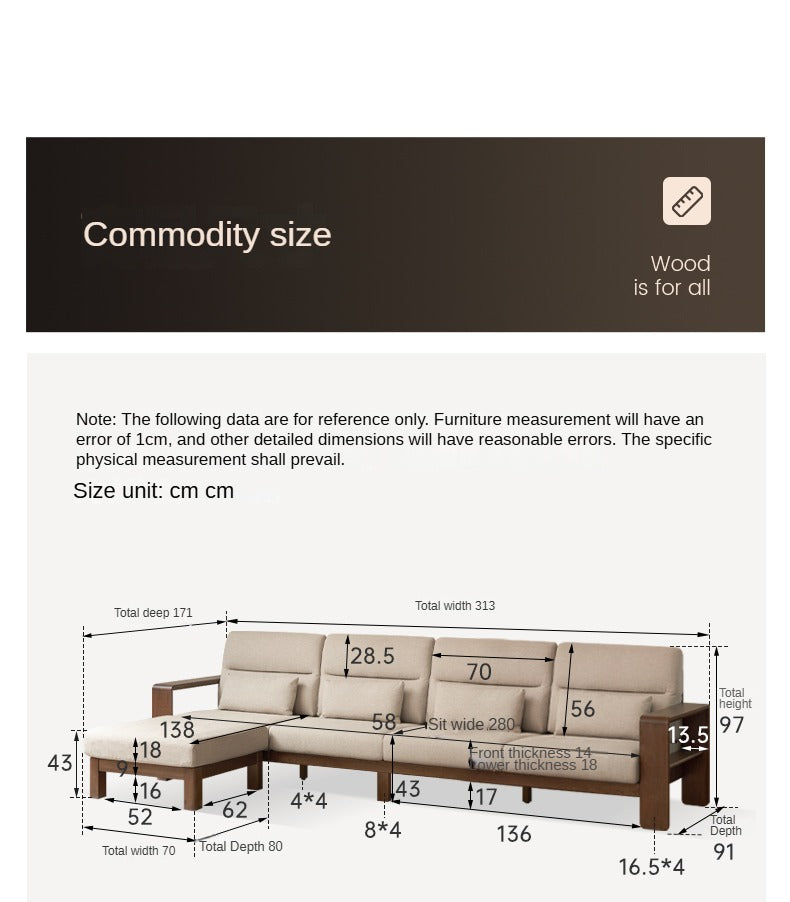 Oak Solid Wood High Back Fabric Corner Sofa Modern.