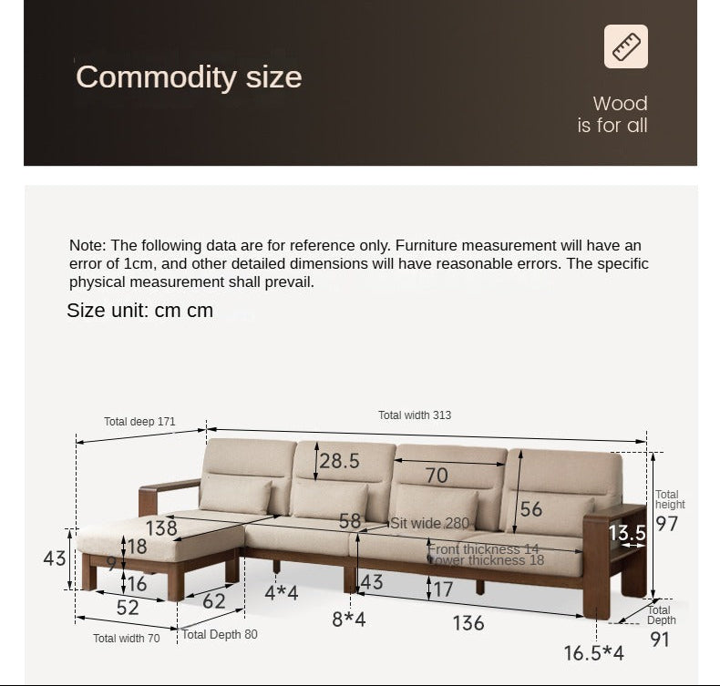 Oak Solid Wood High Back Fabric wide armrest Corner Sofa