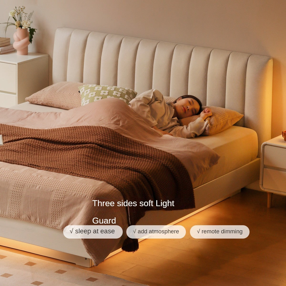 Oak, Rubber Wood Solid Wood Cream Technical Fabric Suspended Box Storage Bed