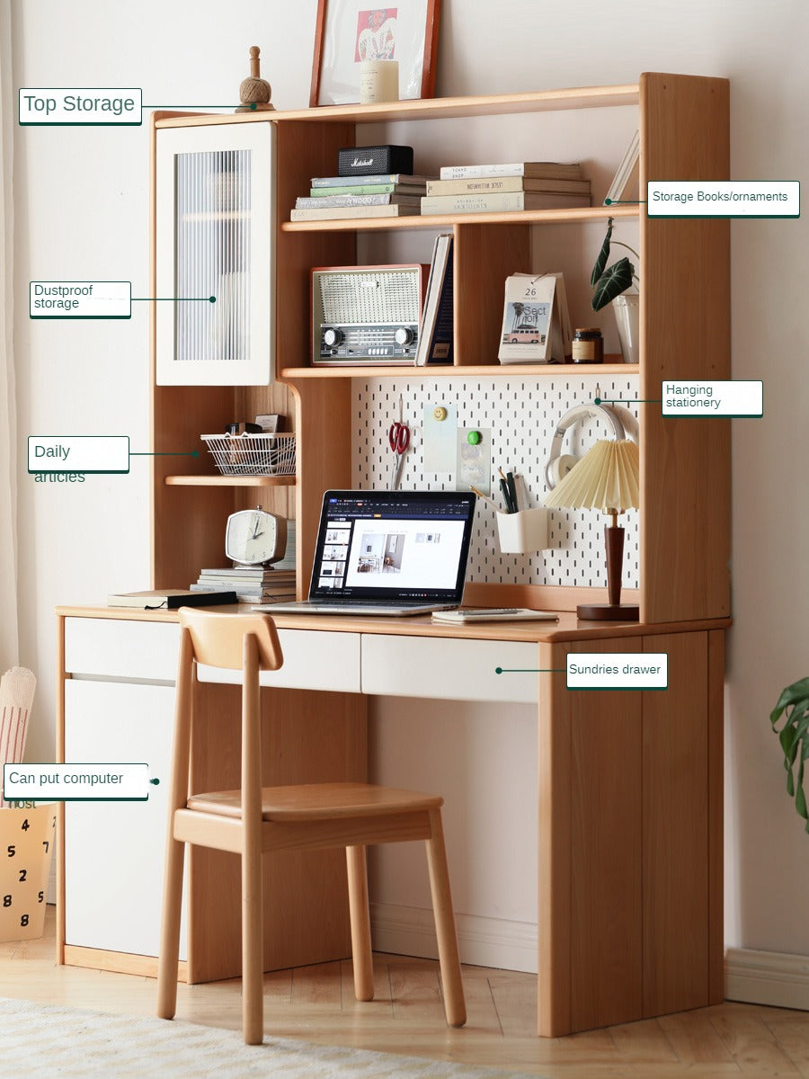 Beech Solid Wood Desk Bookshelf Combination