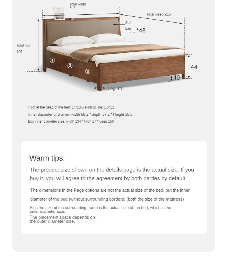 Black Walnut Solid Wood leather soft Drawer Box Bed Nordic