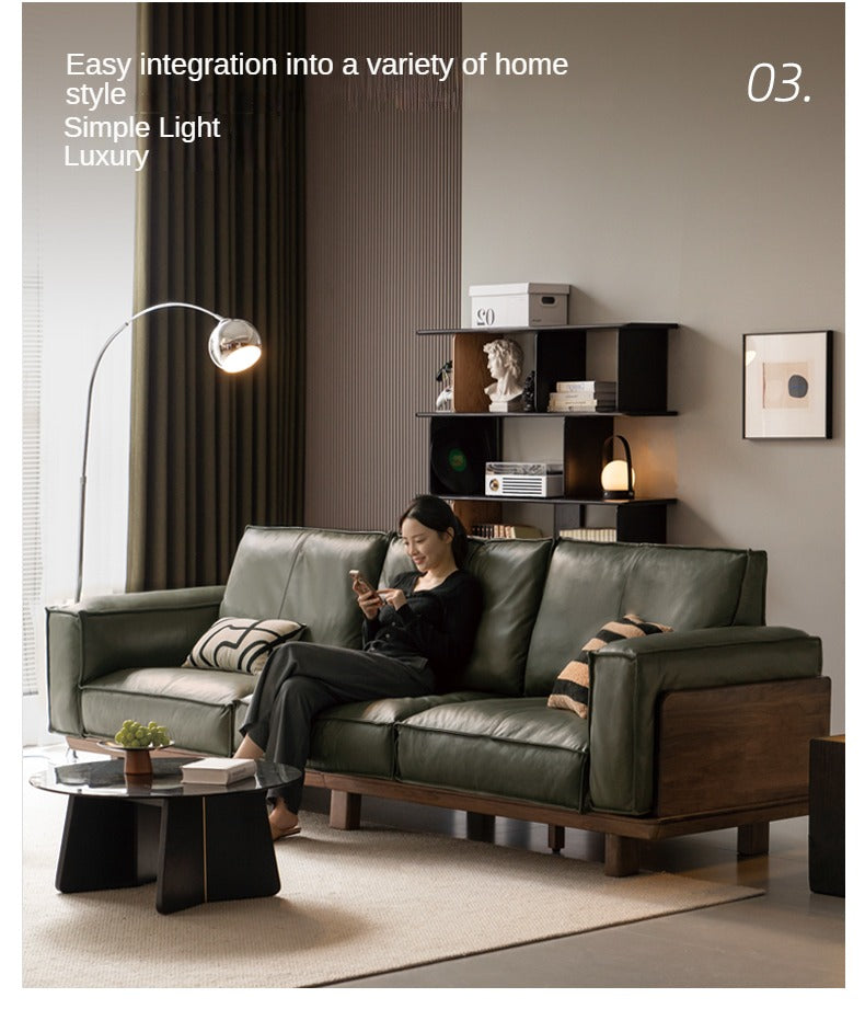 Black Walnut Solid Wood Leather Sofa.