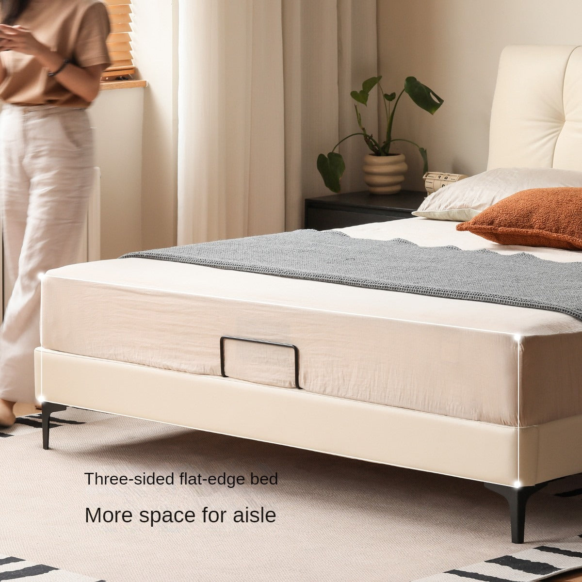 Genuine Leather, Ecological Cloud Leather Bed Cream Style Light Luxury