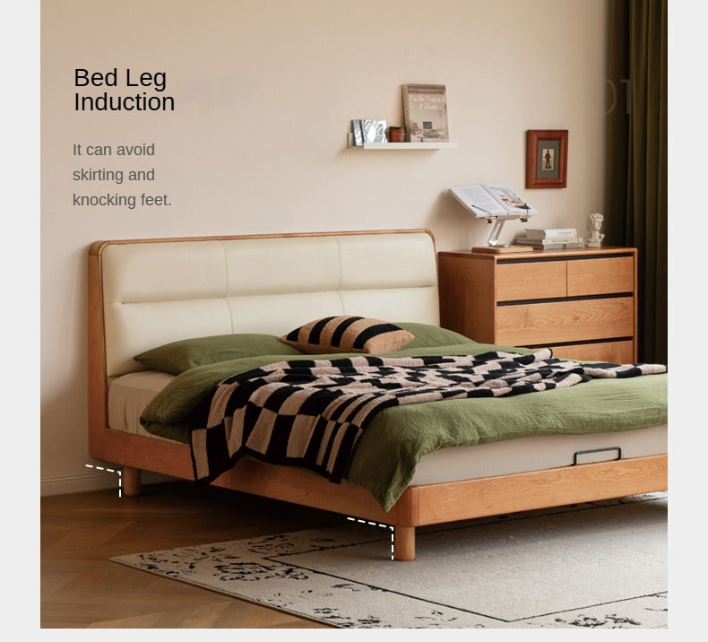 Cherry Solid Wood Bed with Retro Edge and Soft Headboard