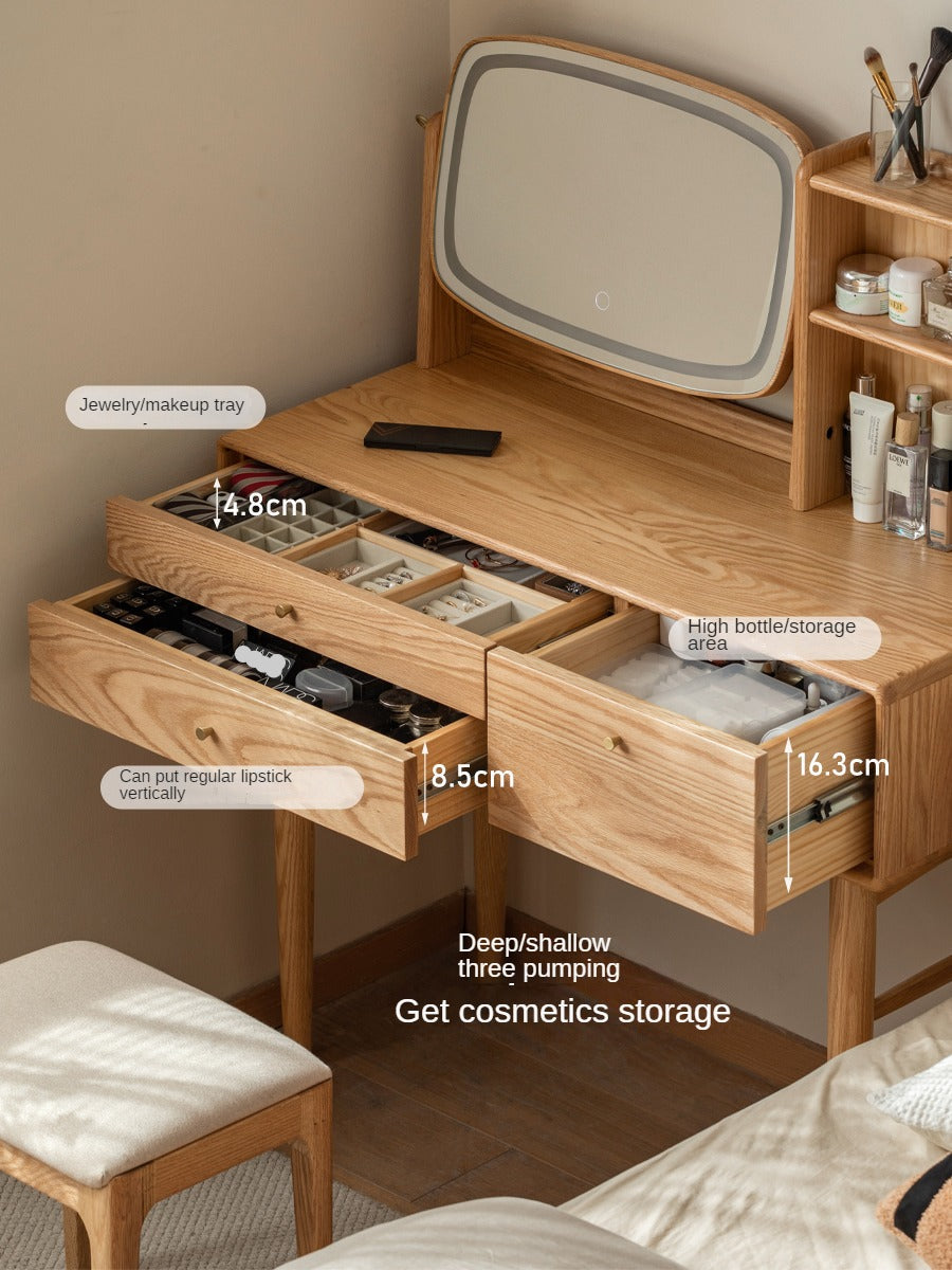 Oak, Ash Solid Wood Vanity Table Lighted Makeup Mirror.