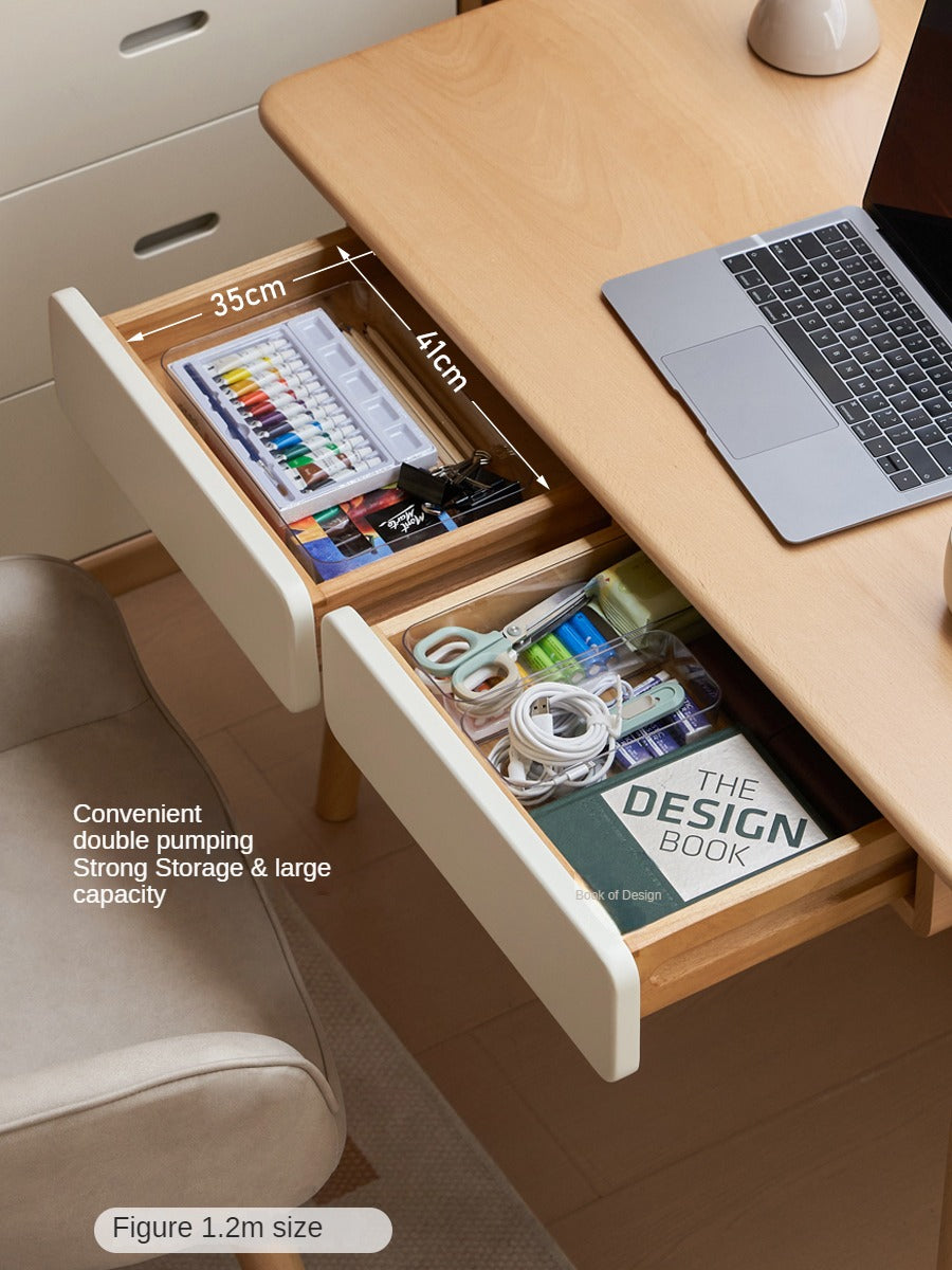 Beech Solid Wood Office Desk with 2 Drawers