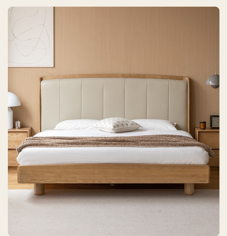 Ash Solid Wood Genuine Leather High Soft Back Bed