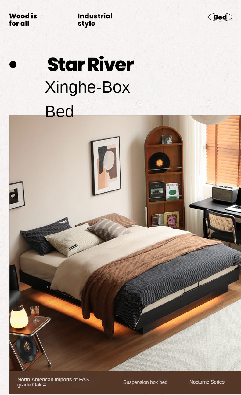 Oak Solid Wood Suspended Box Platform Bed, Headboard-Free Bed.