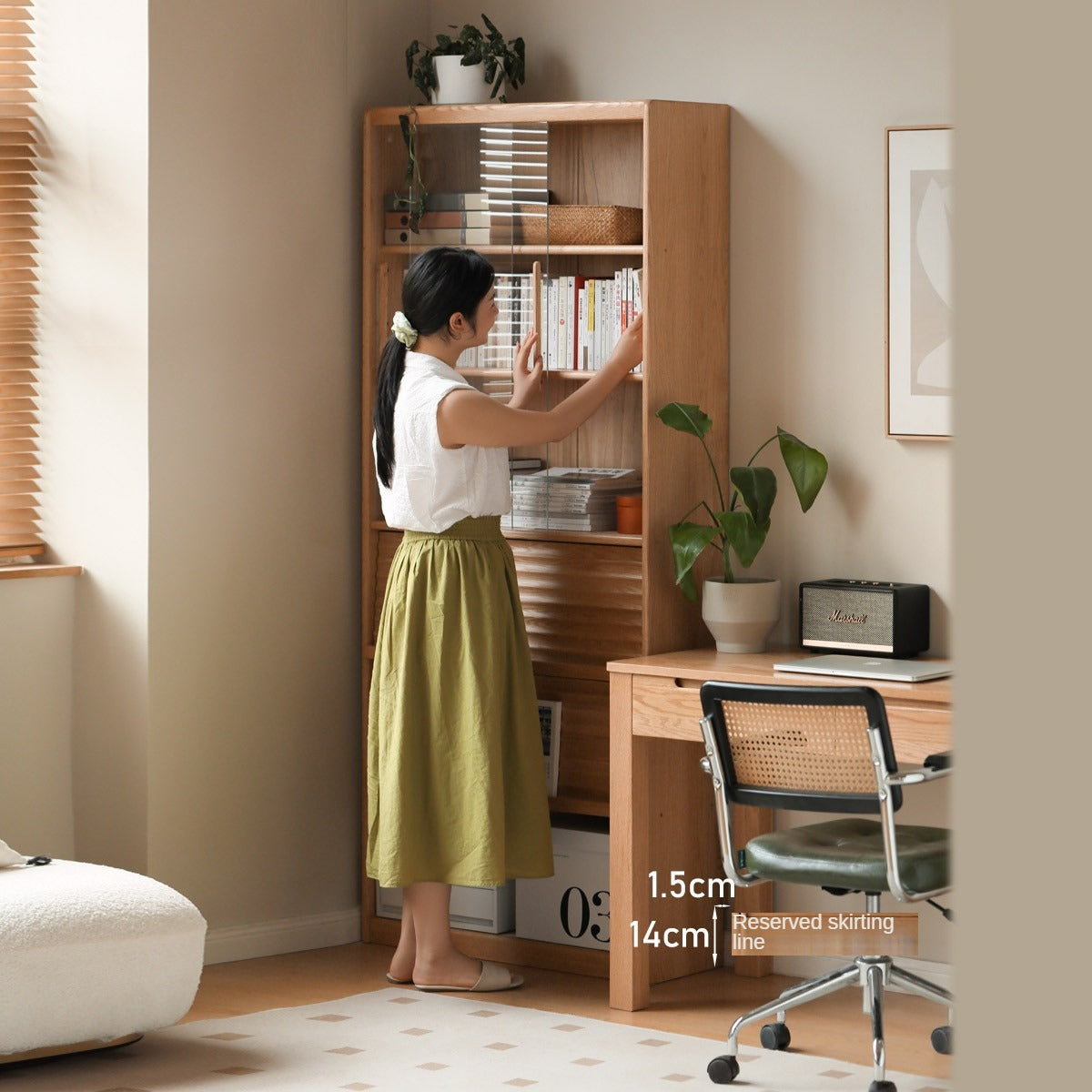 Oak, Beech Solid Wood Bookcase With Glass Door Floor-Standing Bookshelf Multi-Layer Storage Rack Free Combination Display Cabinet