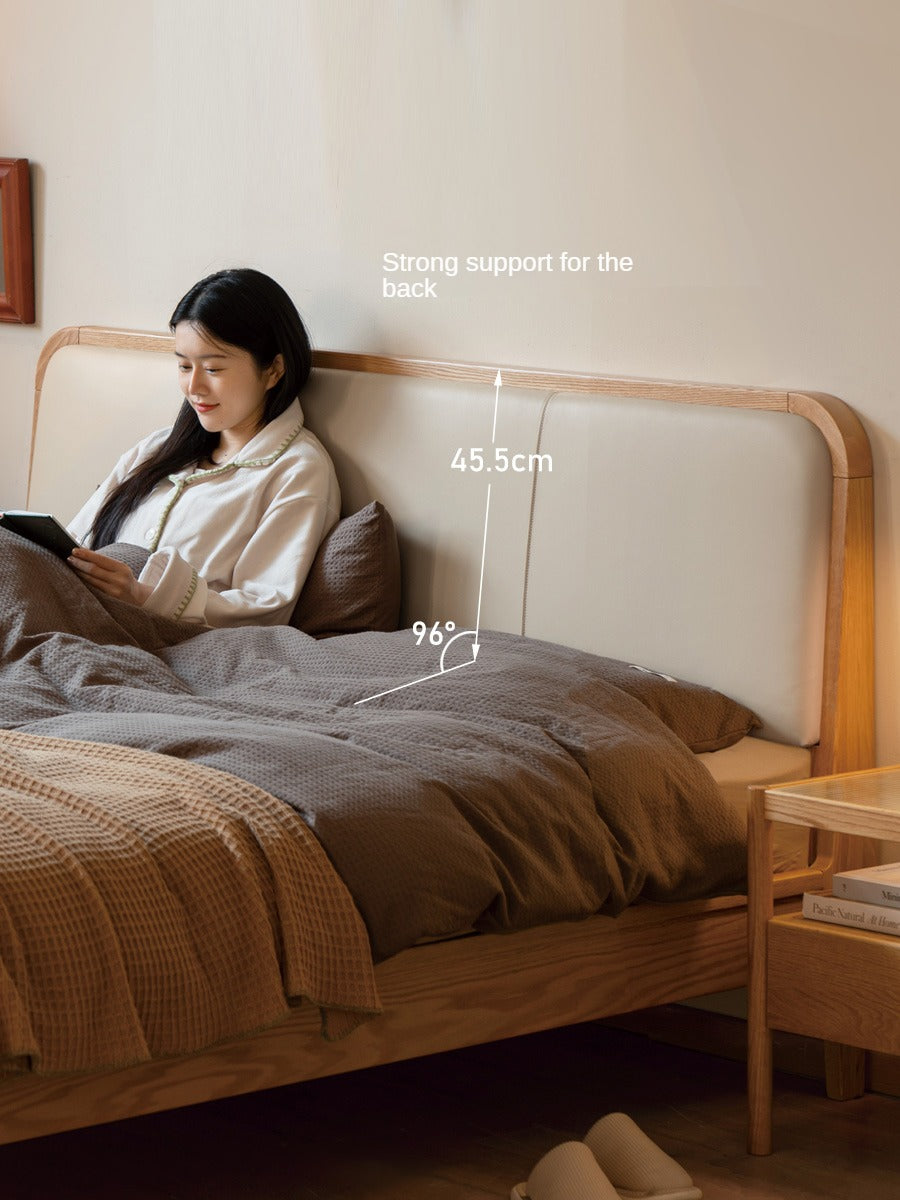 Oak Solid Wood Bed Modern Genuine Leather,Technology Cloth, Fabric