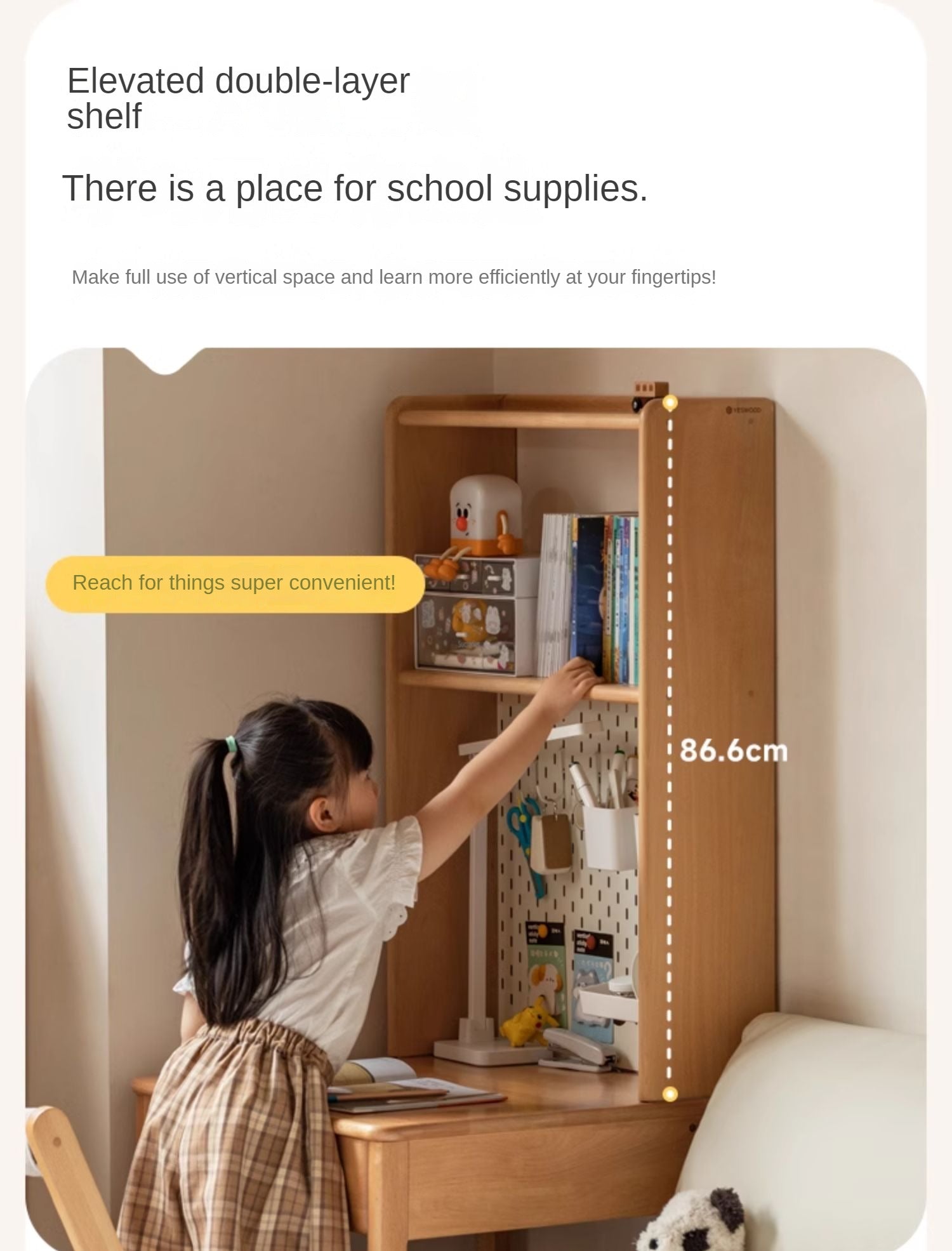 Beech, Rubber Solid Wood Children's Desk Bookshelf Integrated