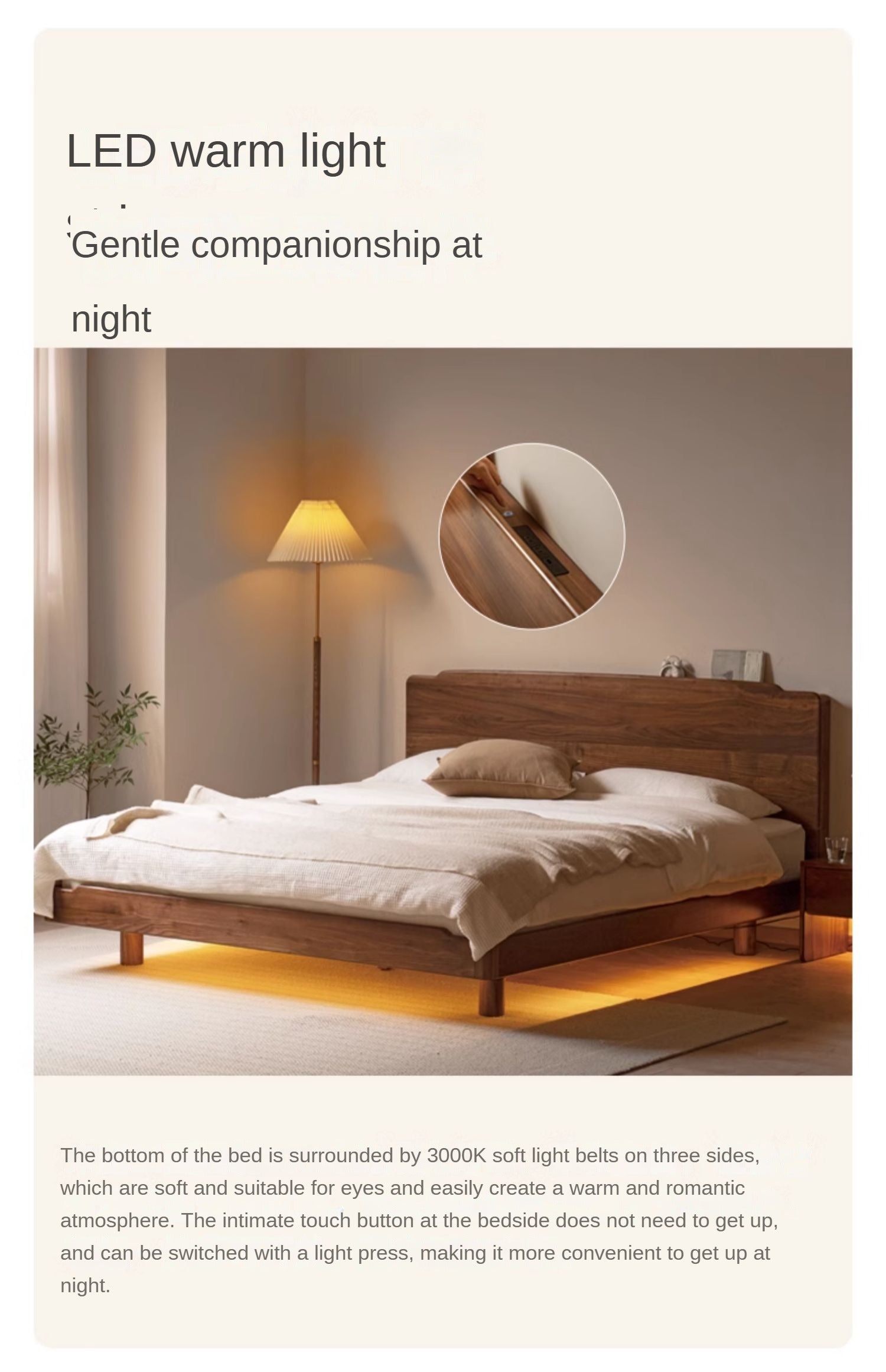 Black Walnut, Ash Solid Wood Big Bed with Light