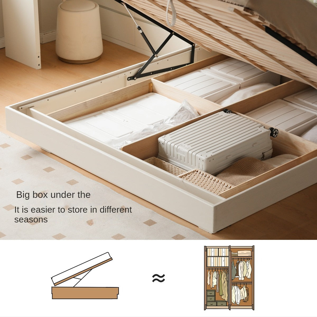 Oak, Rubber Wood Solid Wood Cream Technical Fabric Suspended Box Storage Bed