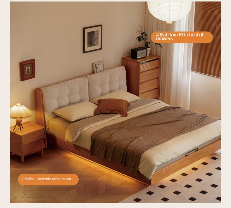 Cherry Solid Wood Box Bed Top Genuine Leather, Corduroy Suspended Bed