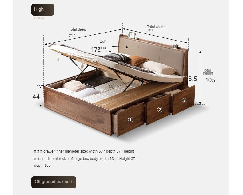 Black Walnut Solid Wood leather soft Drawer Box Bed Nordic