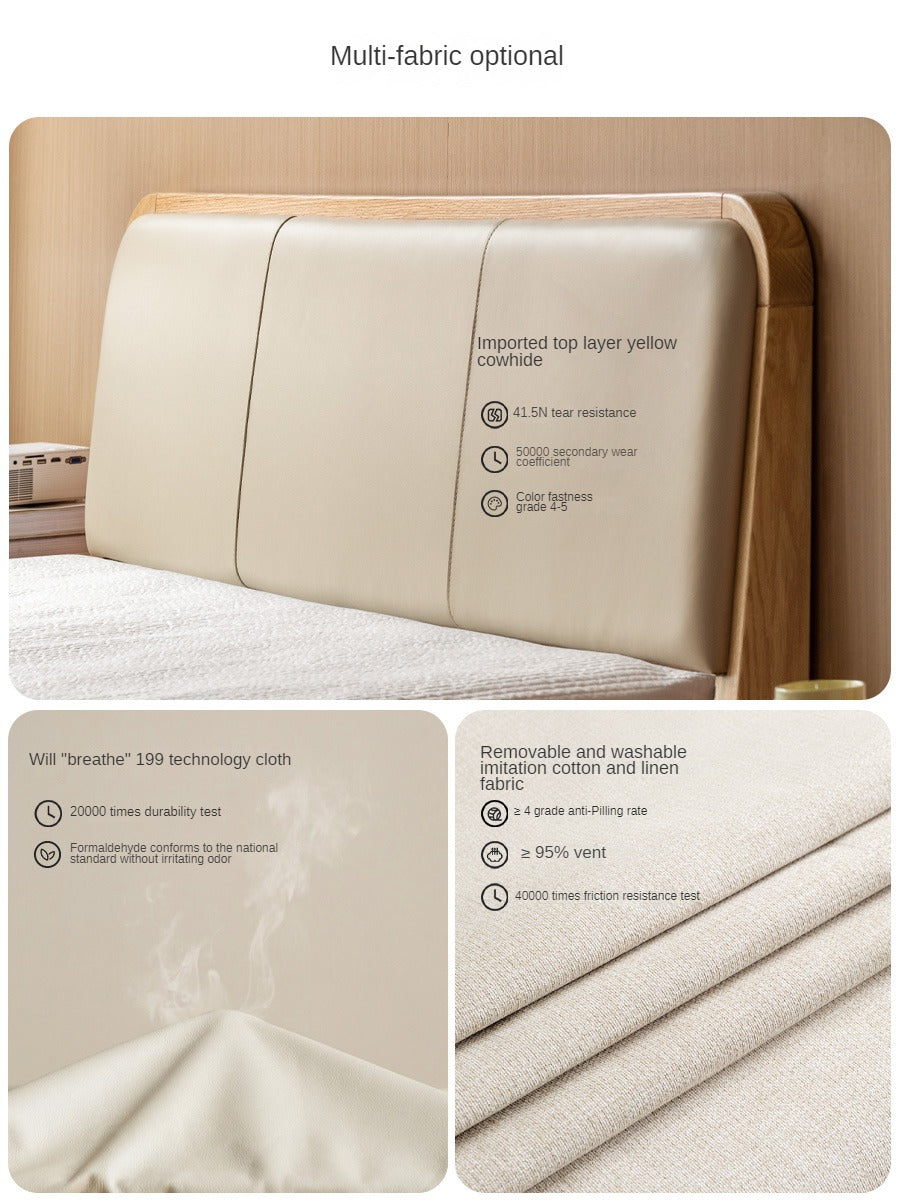 Oak Solid Wood Bed Modern Genuine Leather,Technology Cloth, Fabric