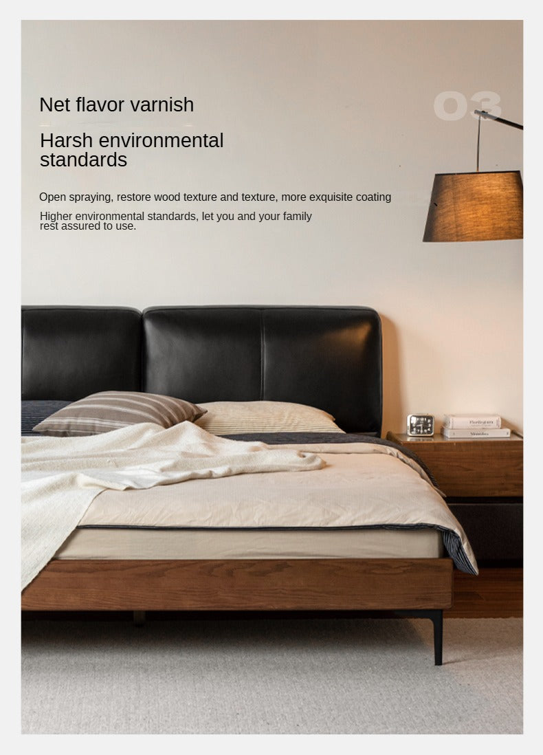 Oak,Black Walnut Solid Wood Soft Genuine Leather Bed Light Luxury