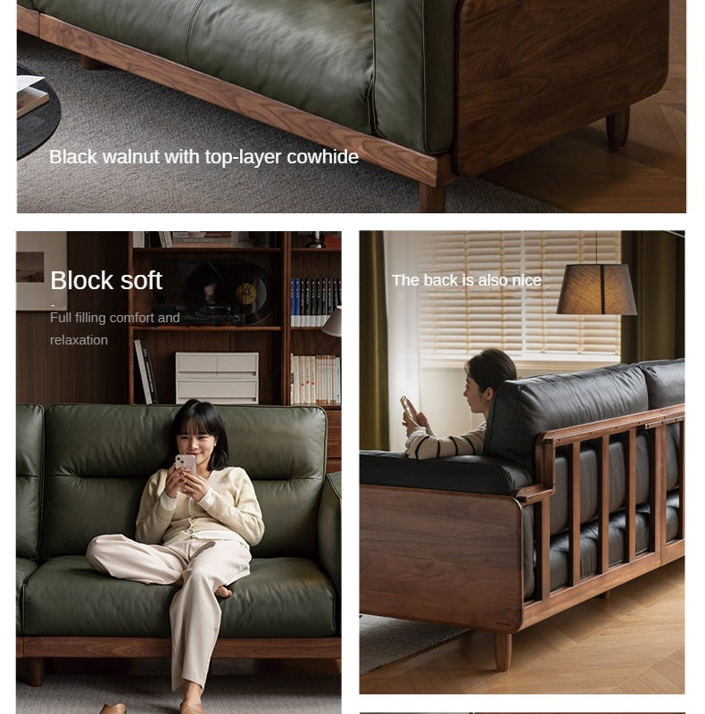 Black Walnut, Ash, Solid Sandalwood Wood Leather Top Layer Yellow Cowhide Sofa.