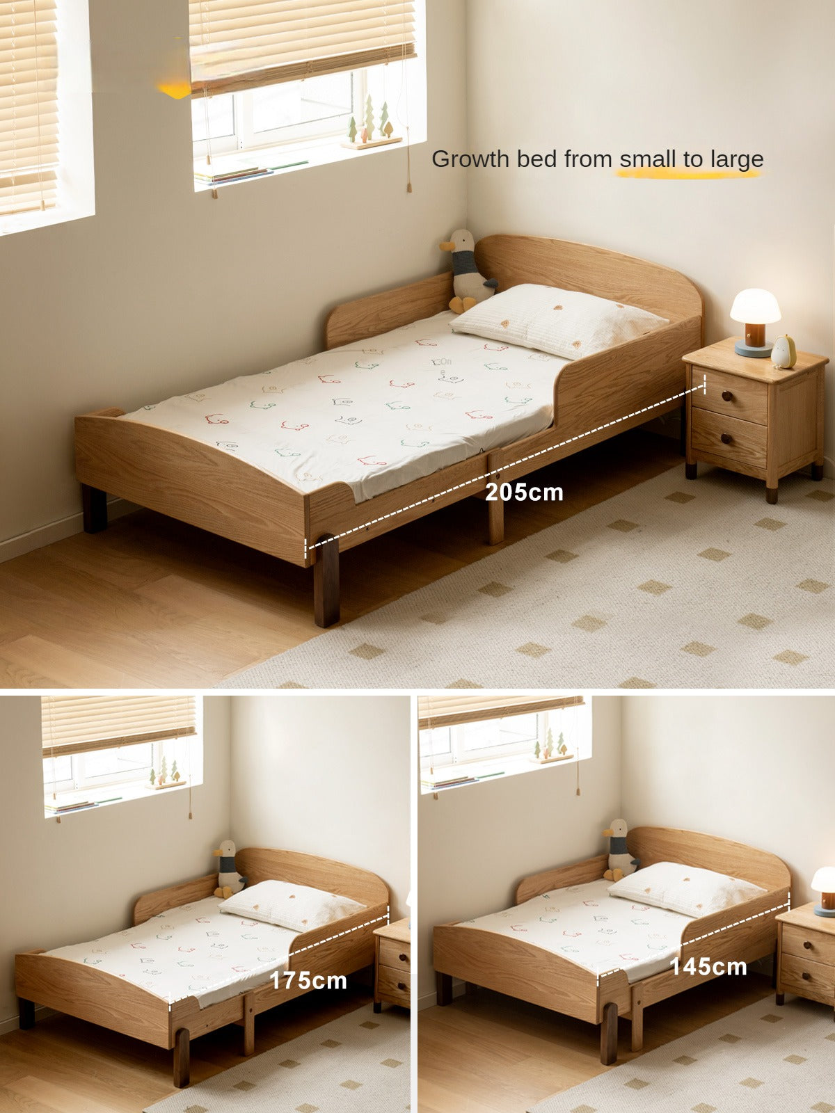 Oak, Beech solid wood Telescopic Toddler Bed from 57 in (145 cm) to 80.7 in (205 cm)<