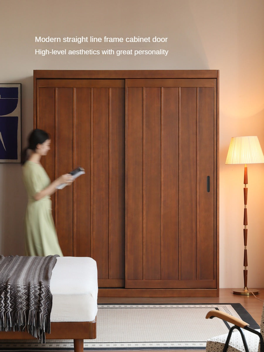 Poplar Solid Wood Wardrobe Retro Sliding Door Wardrobe.