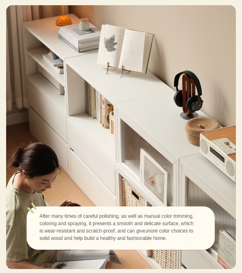 Poplar Solid Wood TV Cabinet Floor Cabinet Cream Style,