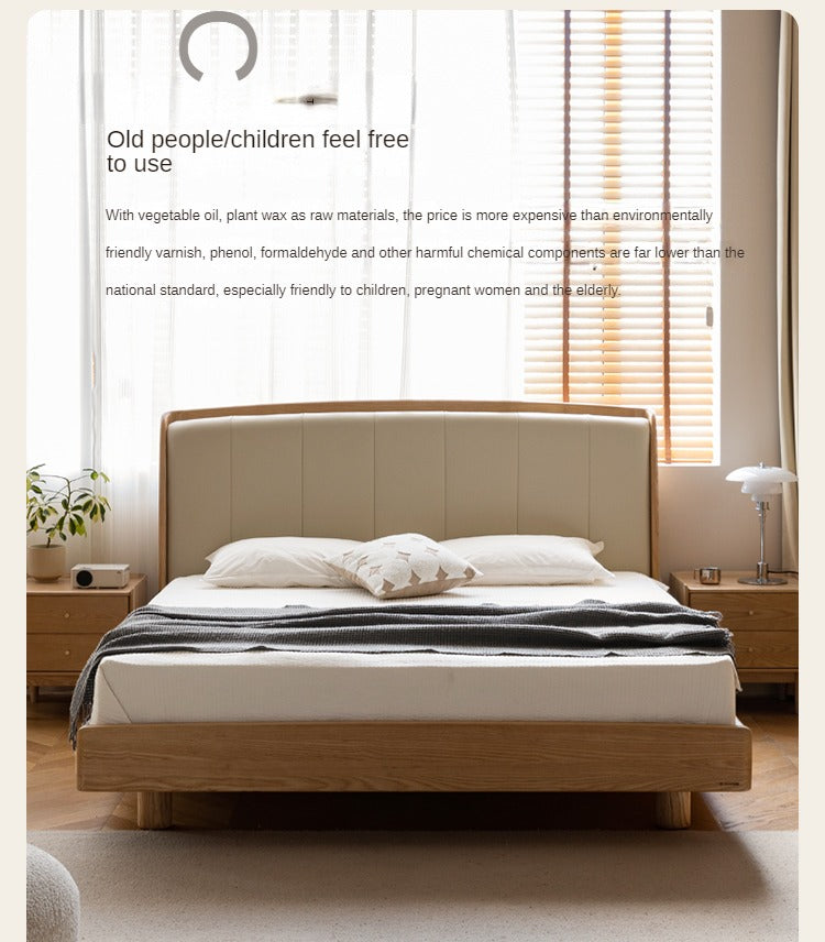 Ash Solid Wood Genuine Leather High Soft Back Bed