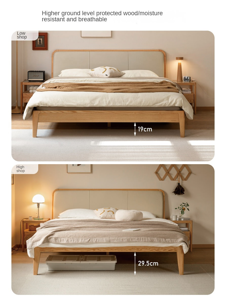 Oak Solid Wood Bed Modern Genuine Leather,Technology Cloth, Fabric