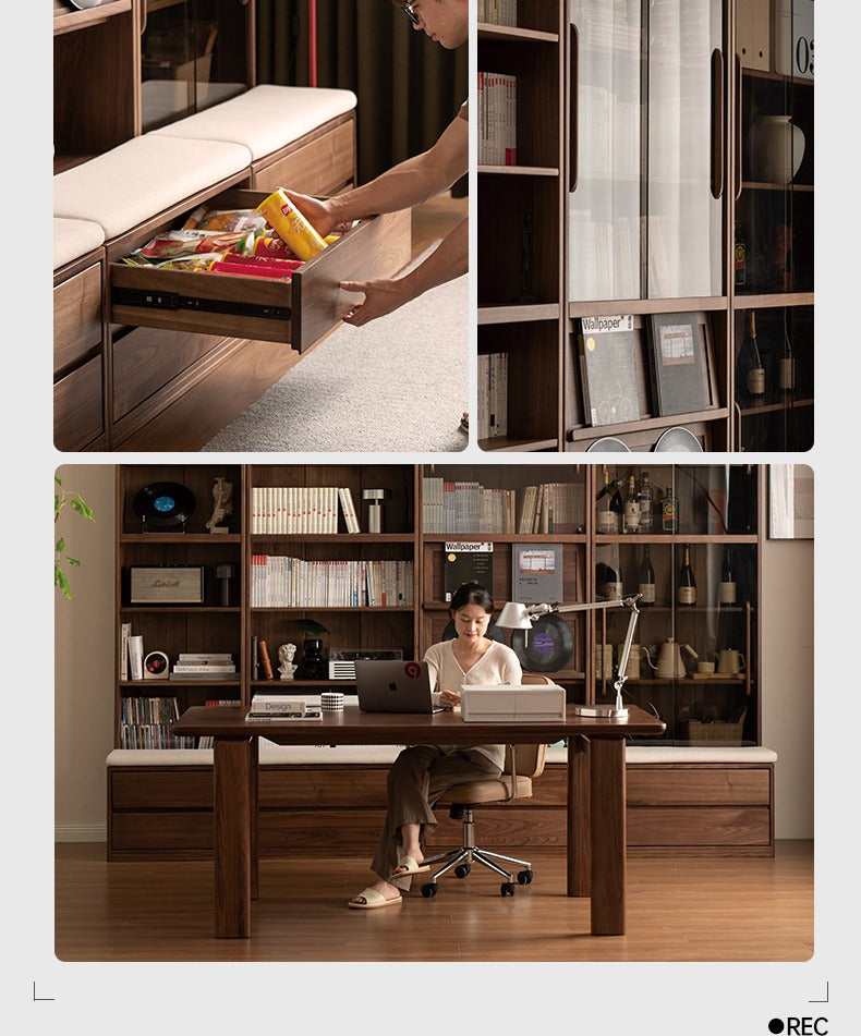 Black Walnut, Oak, Sandalwood, Ash Solid Wood Light Luxury Combined Bookshelf With Seat