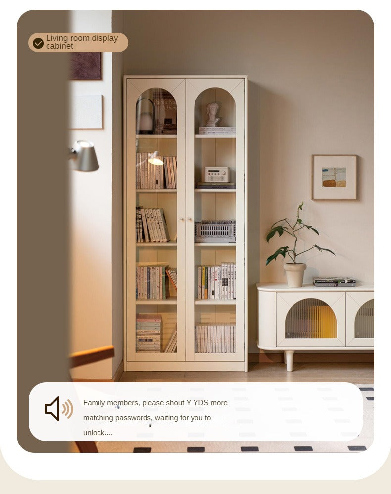 Poplar Solid Wood Bookcase White With Glass Door Whole Wall Combination French Cream Style