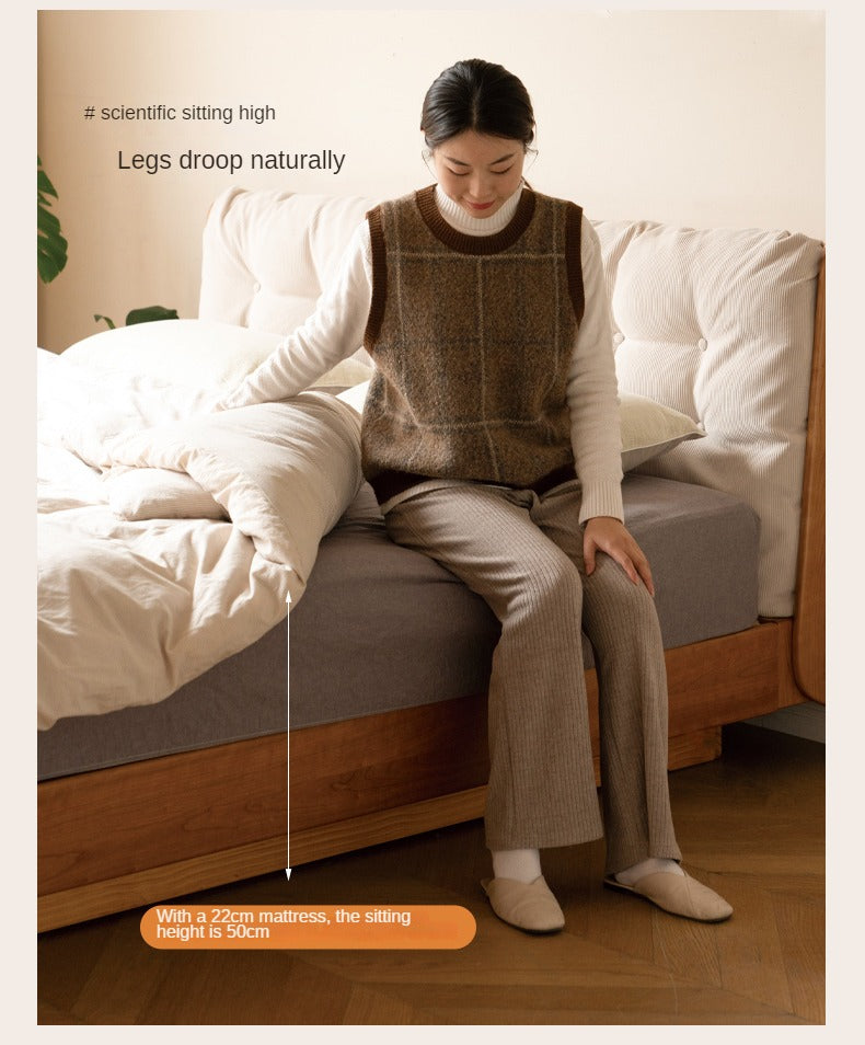 Cherry Solid Wood Box Bed Top Genuine Leather, Corduroy Suspended Bed