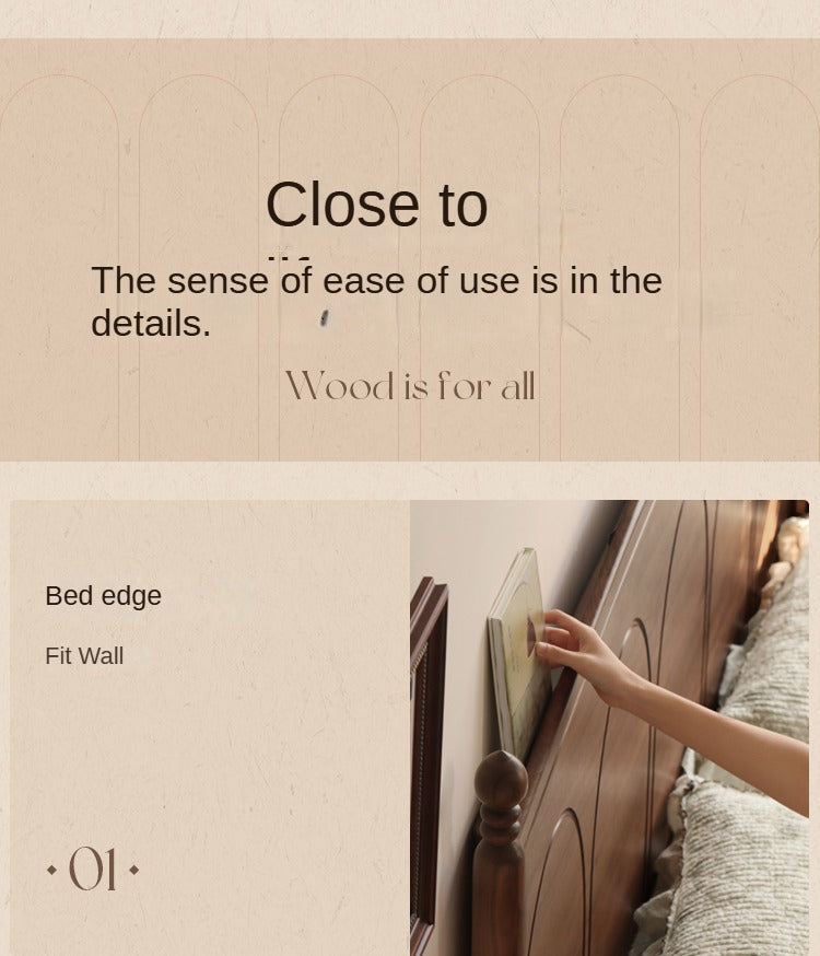 Black Walnut, Poplar Solid Wood Big Bed Retro French