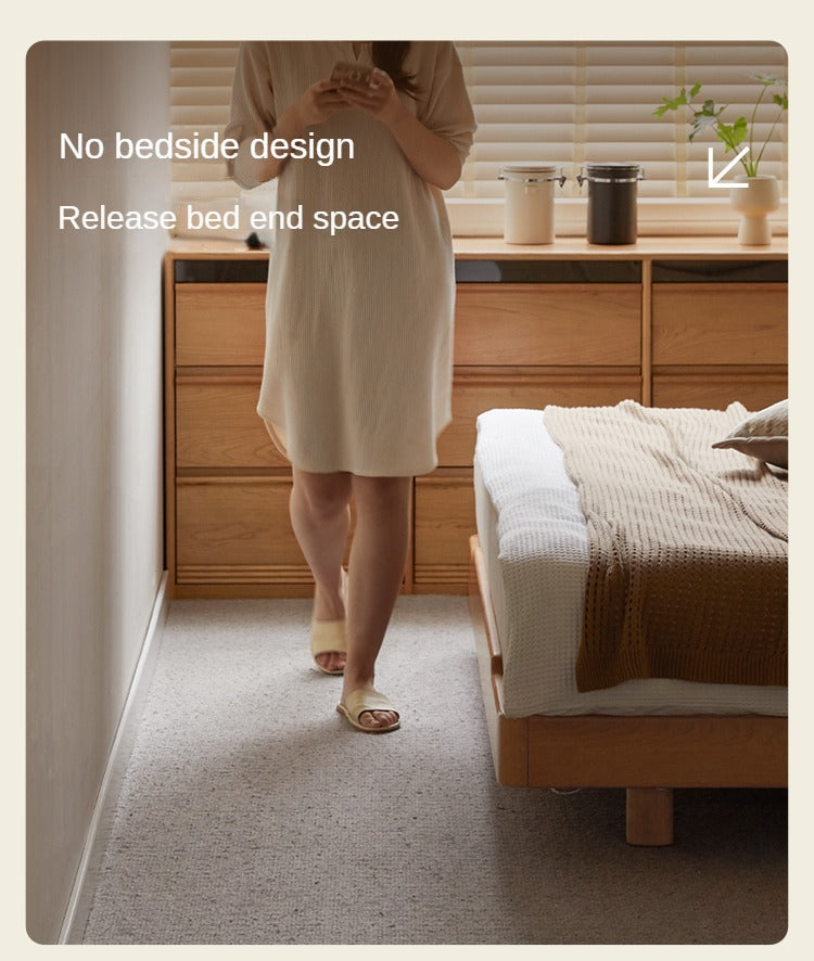 Cherry Wood Solid Wood platform bed, headboard-free bed with Light.