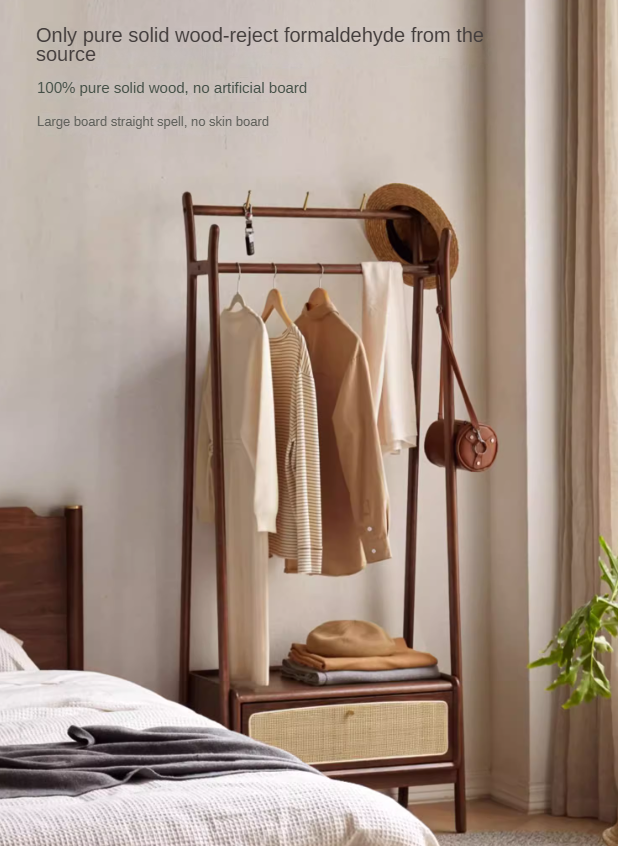 Oak Solid Wood Rattan Hanger Multi-Functional Coat Rack