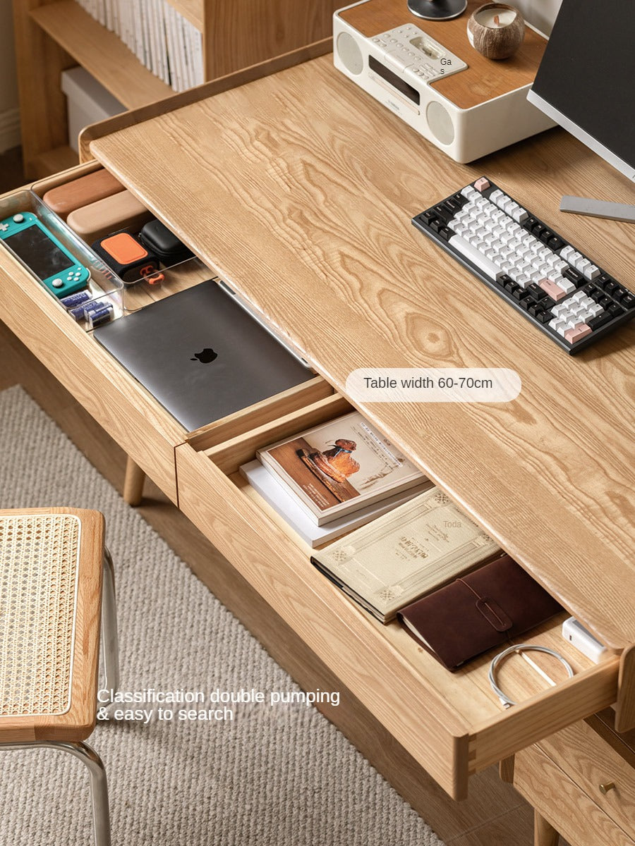 Ash Solid Wood Retractable Desk with Cabinet, Home Office