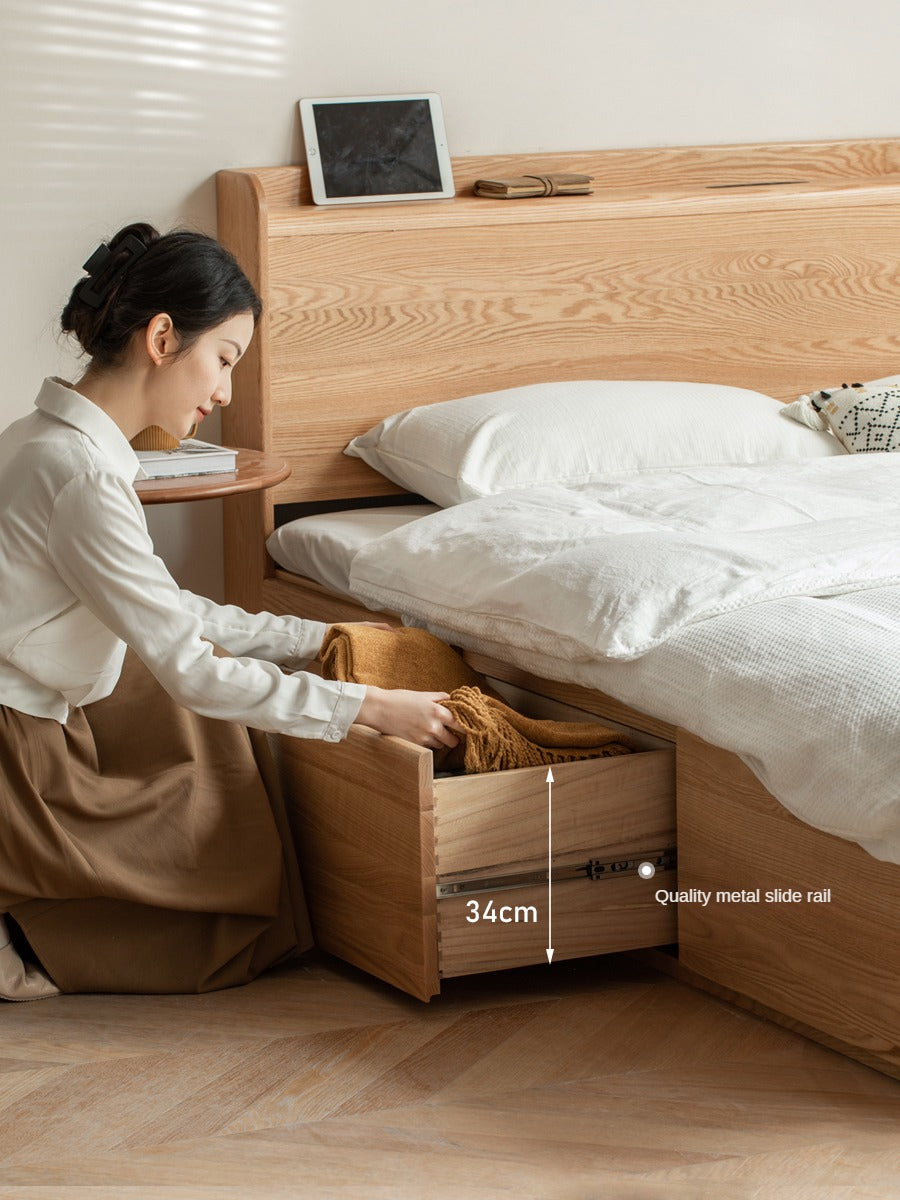 Oak Solid Wood Drawer Storage Bed with Sockets Box Bed