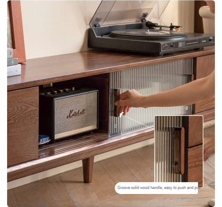 Oak, Solid Rubberwood, Beech Solid Wood TV Stand Glass Sliding Door