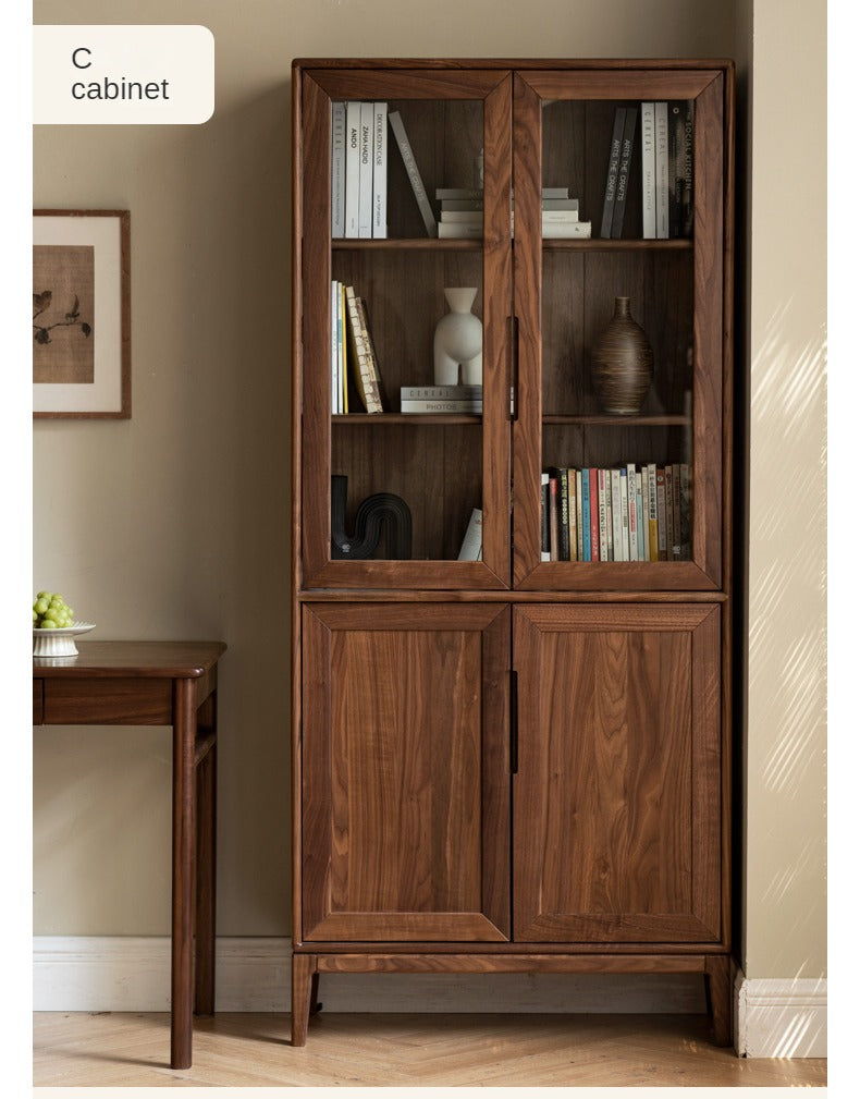 Black Walnut, Ash Solid Wood Combination Dust-Proof Glass Door Bookshelf