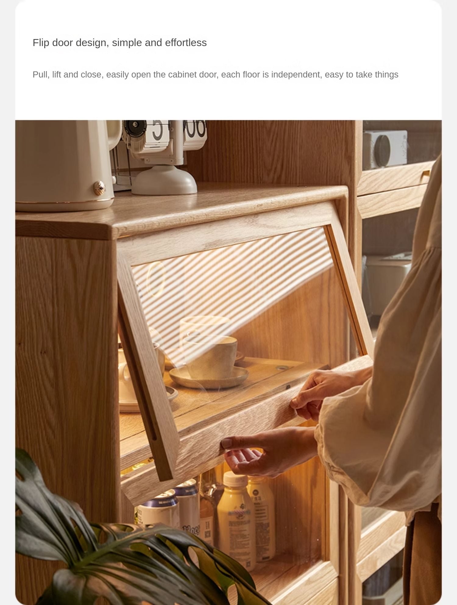 Solid Rubberwood, Oak Solid Wood Multi layer Flip Door Glass Bookcase