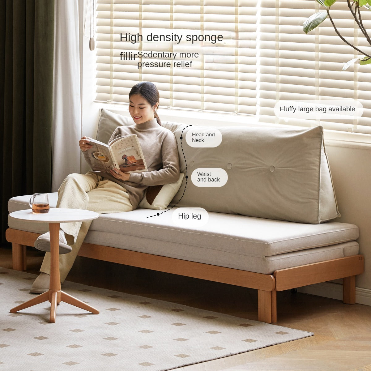 Beech Solid Wood European Folding Dual-use Double Sofa Bed.