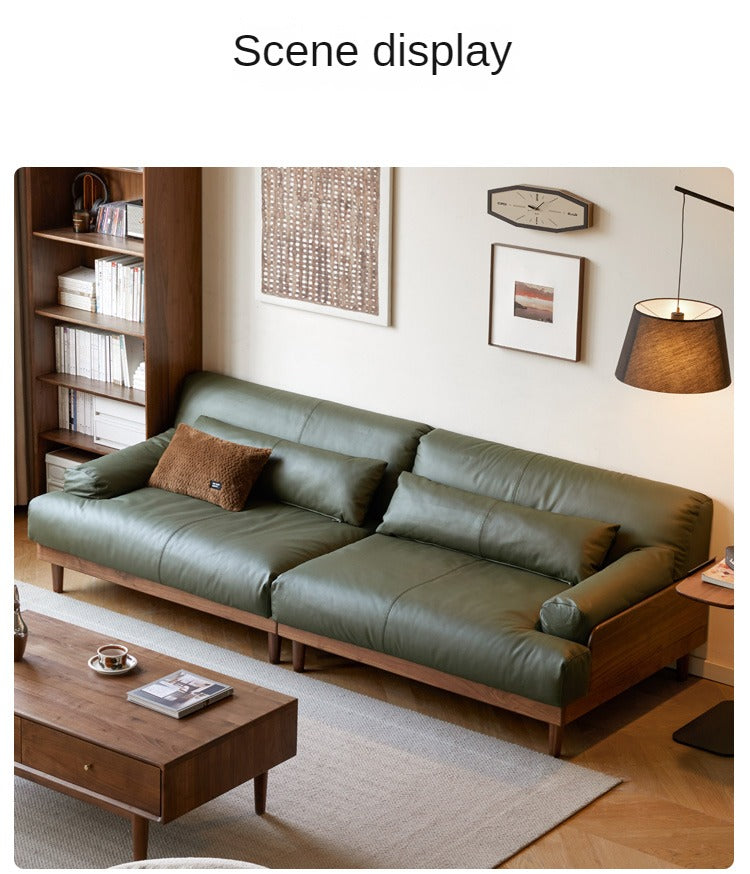 Black Walnut, Oak Solid Wood Leather Down Sofa.