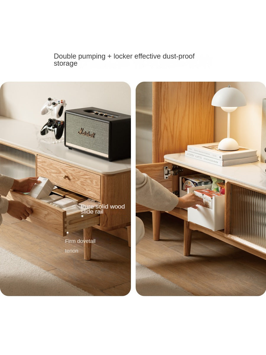 Oak, Poplar, Beech Solid Wood Sliding Door TV Stand With Rock Slab Surface.