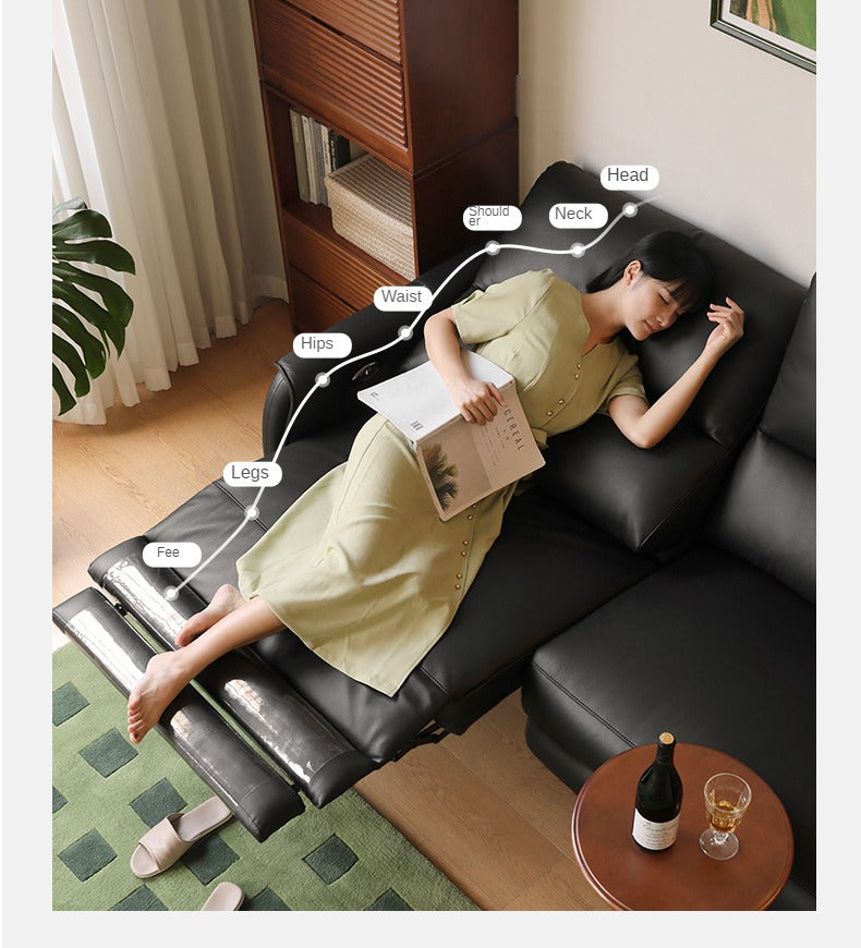 Leather Top Layer Yellow Cowhide Black Multifunctional Electric Sofa,