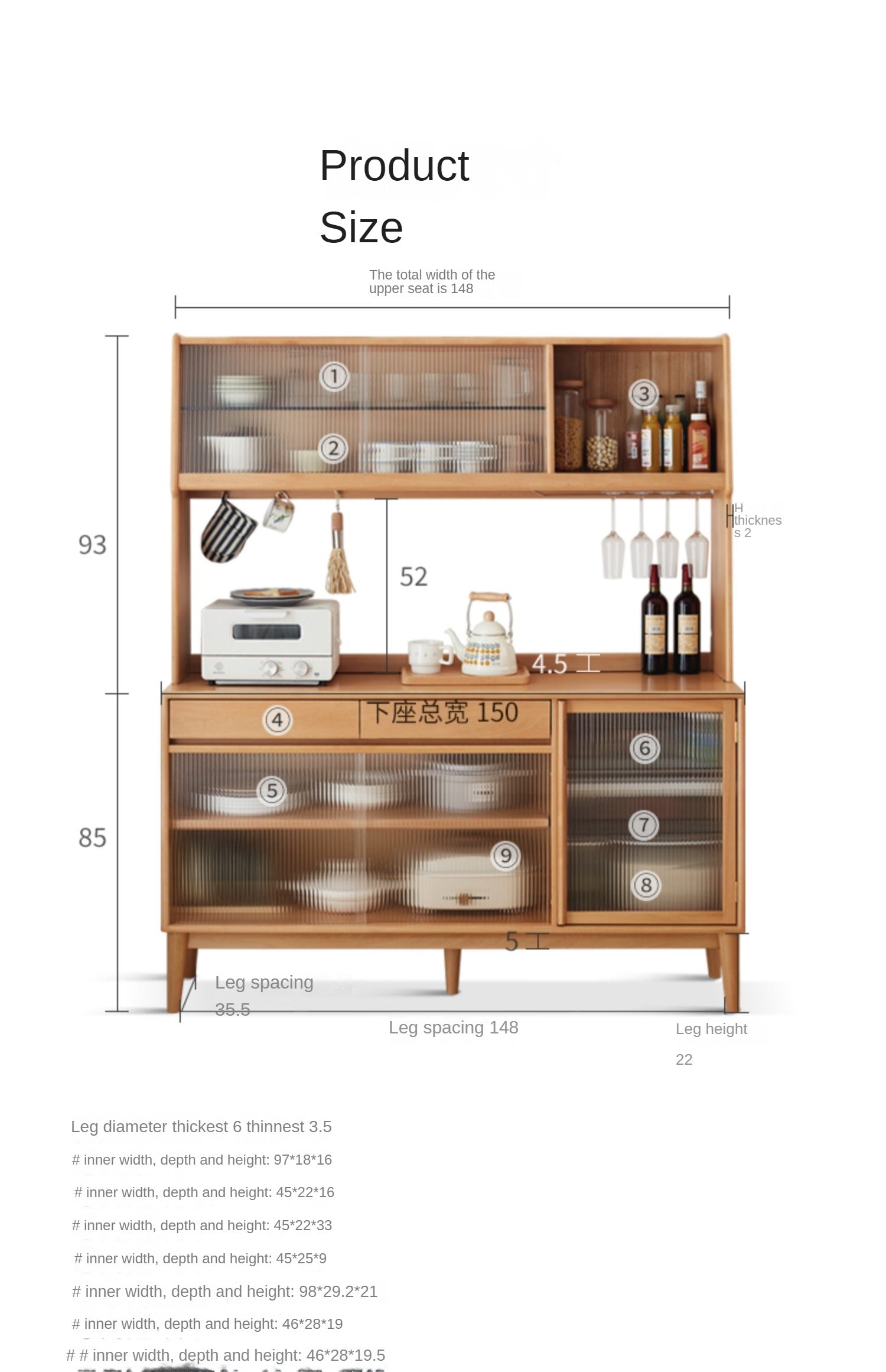 Buffet sideboard high glass cabinet Oak solid wood-